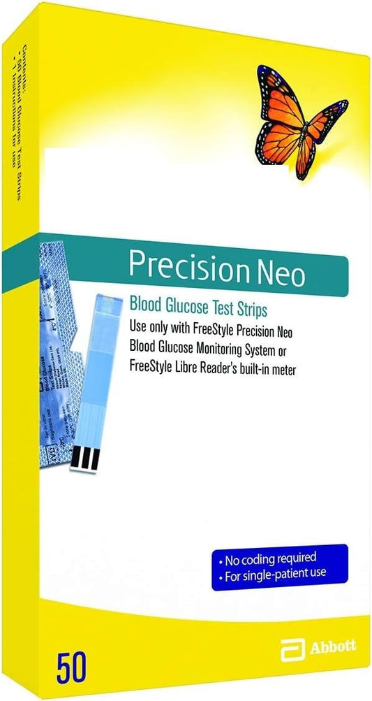 Glucose test strip box front showing 50-count Precision Neo strips and Abbott logo