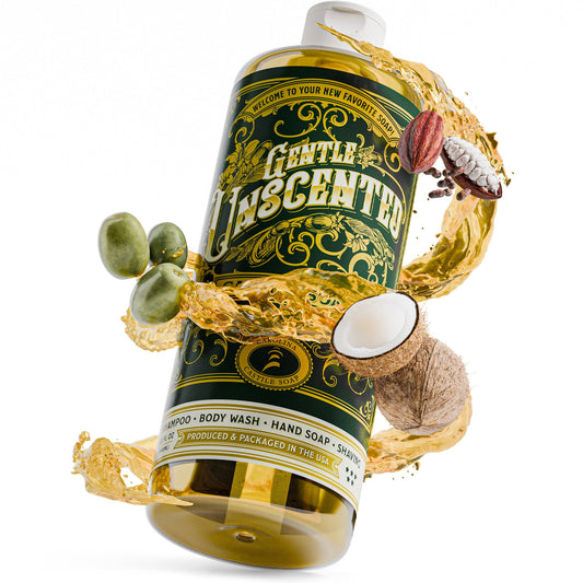 Gentle unscented castile soap bottle with pump, dark green label and gold accents