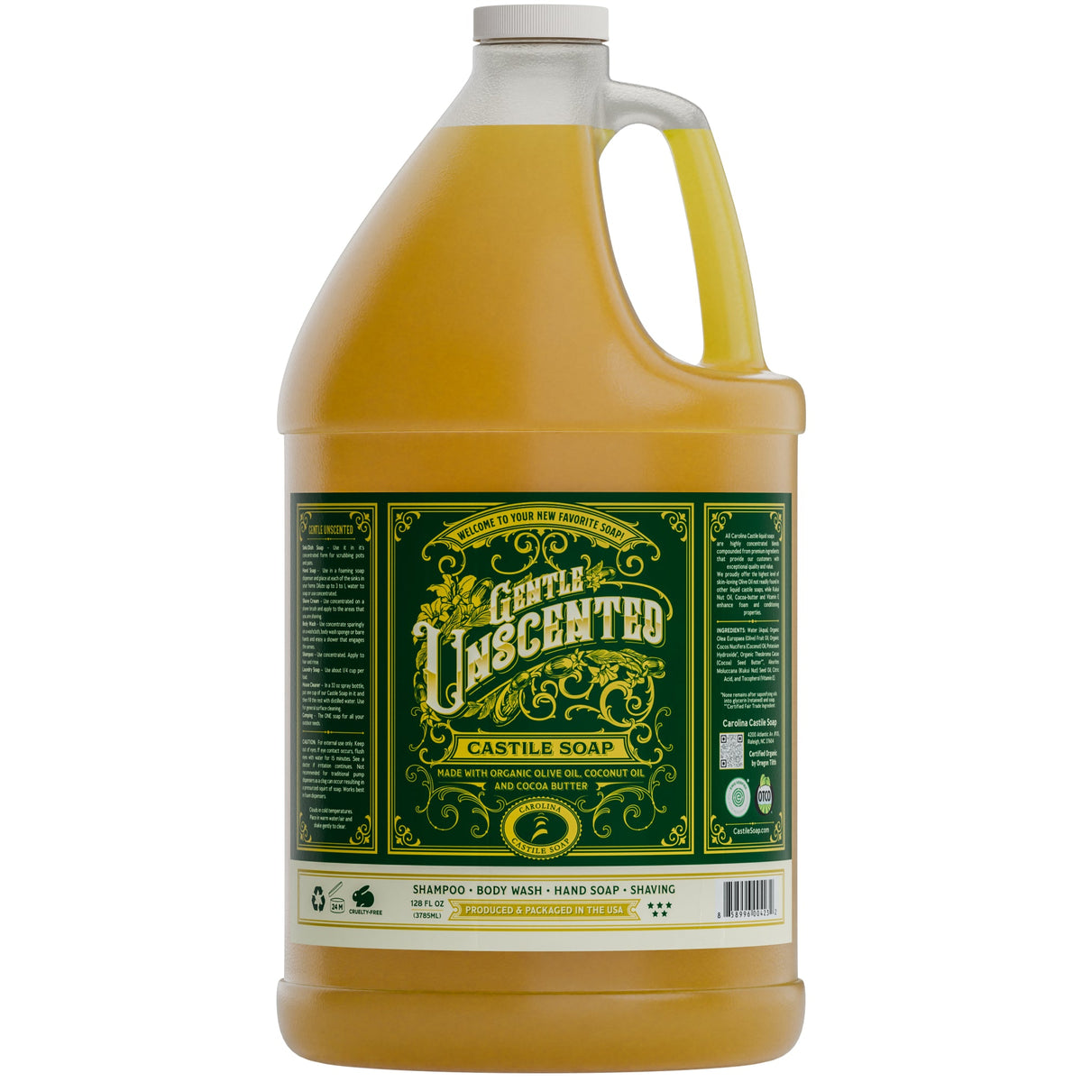 Castile soap jug with white cap, dark green label and amber liquid
