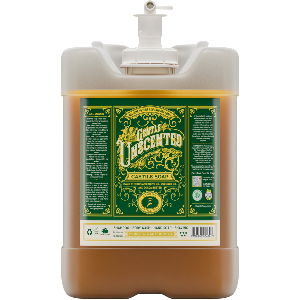 Castile soap jug with pump spout, dark green label on white container