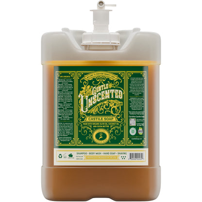 Castile soap jug with pump spout, dark green label on white container