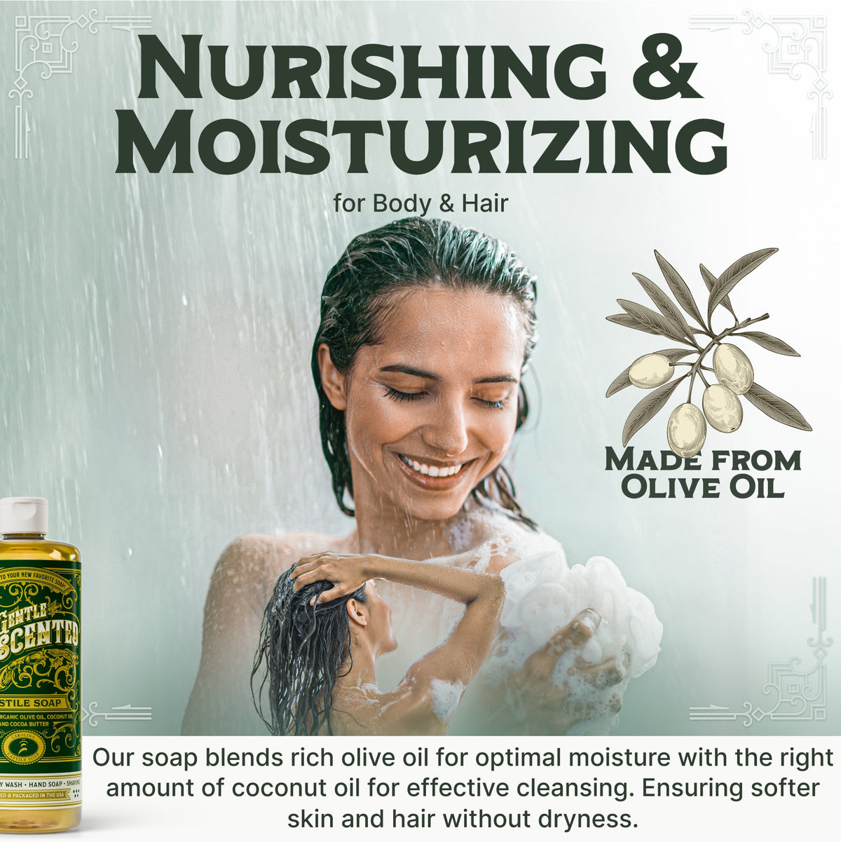 Foamy lather on skin during shower, with water droplets visible