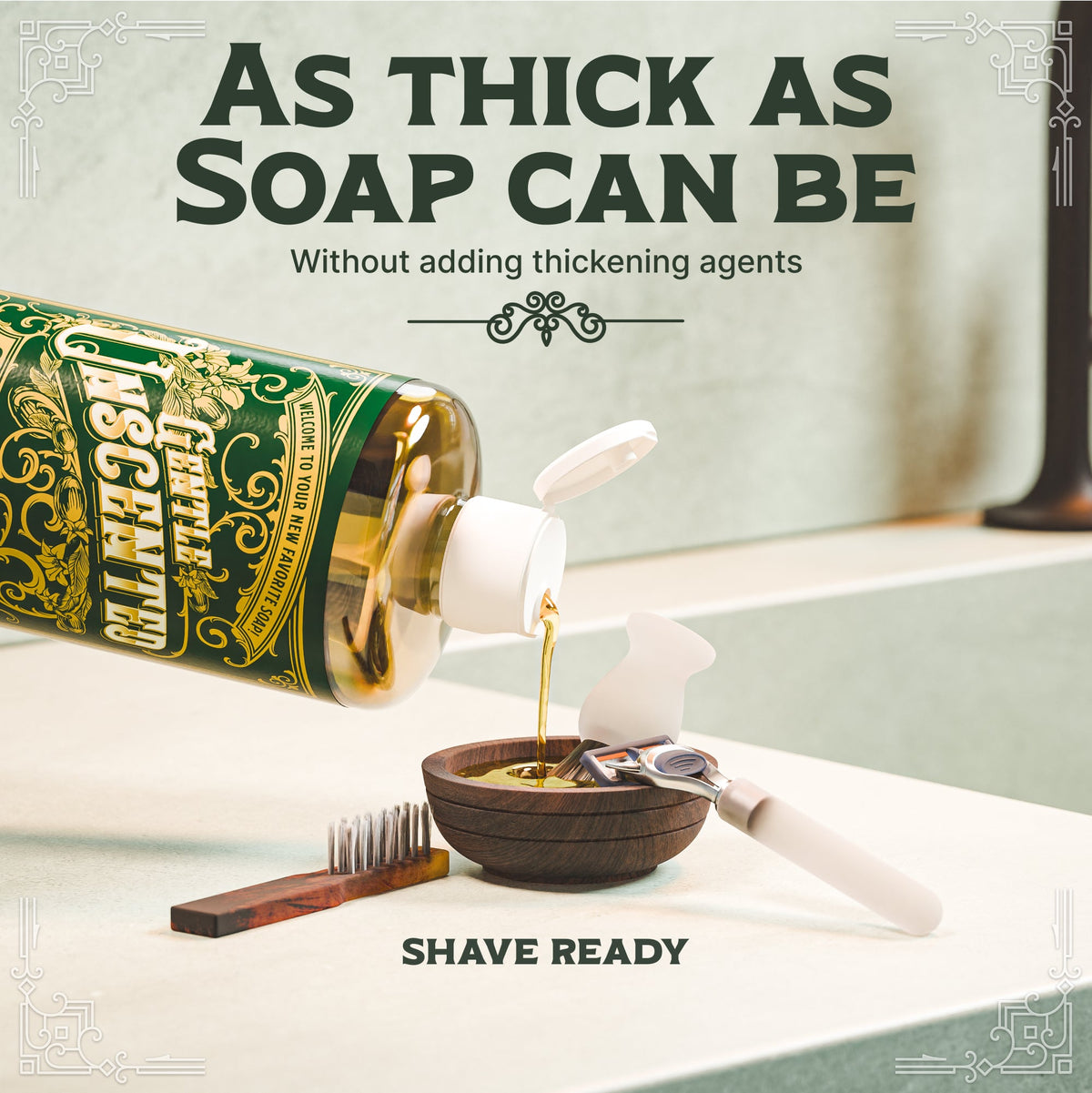 Castile soap bottle pouring a stream onto a bowl near a shaving razor