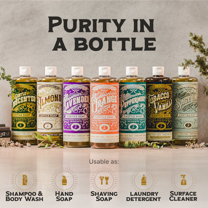 Assorted castile soap bottles lined up in different colored labels