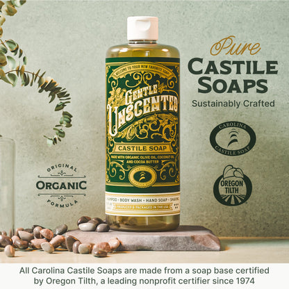 Castile soap bottle with dark green label, gold lettering, and white pump cap