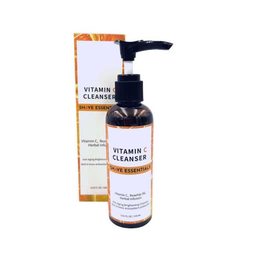 Vitamin C cleanser bottle with black pump, with boxed package behind