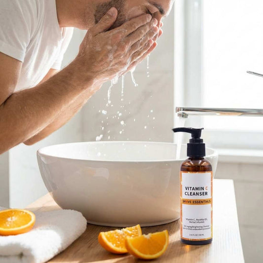Vitamin C cleanser bottle with black pump on counter near citrus and towel