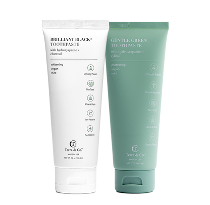 Toothpaste twin pack with white Brilliant Black and green Gentle Green tubes