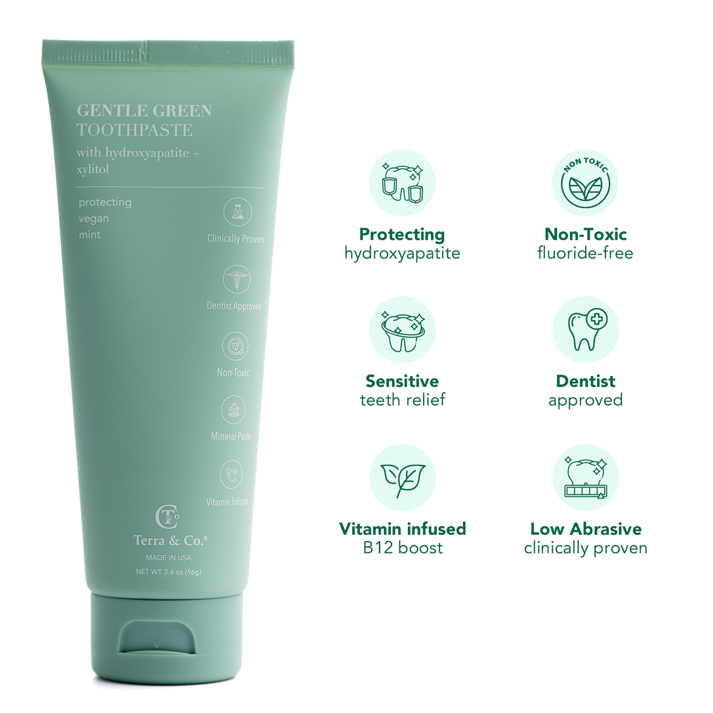 Gentle Green™ toothpaste tube with benefit icons for protecting hydroxyapatite and sensitivity