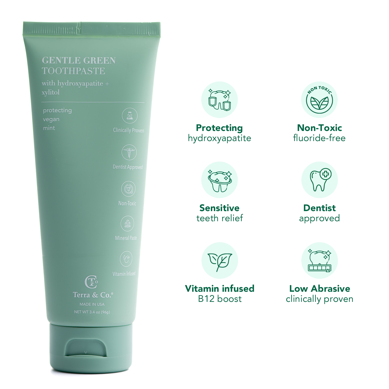 Gentle Green™ toothpaste tube with benefit icons for protecting hydroxyapatite and sensitivity