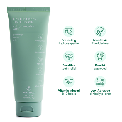 Gentle Green™ toothpaste tube with benefit icons for protecting hydroxyapatite and sensitivity
