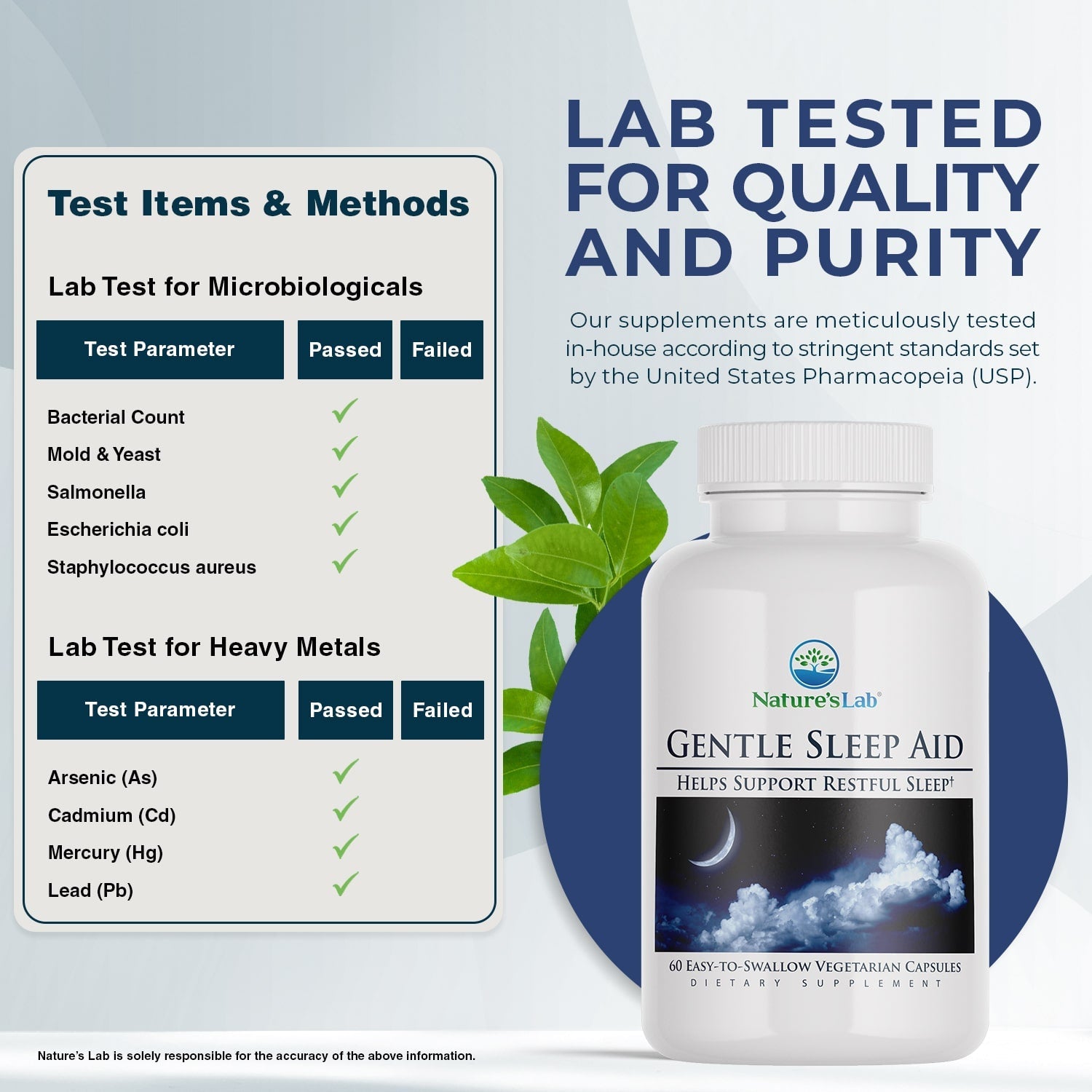 Nature's Lab Gentle Sleep Aid bottle with lab-tested purity and quality label