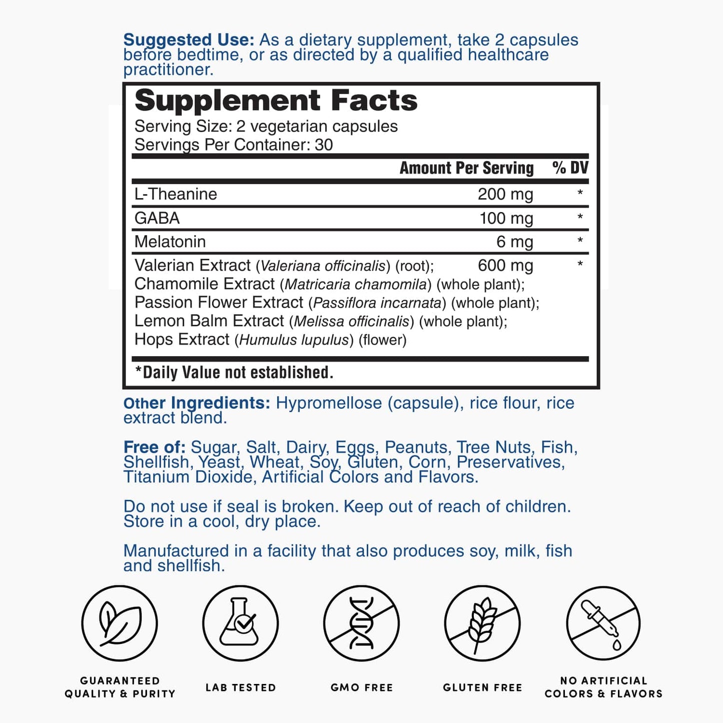 Supplement Facts panel listing melatonin, GABA, and L-theanine ingredients