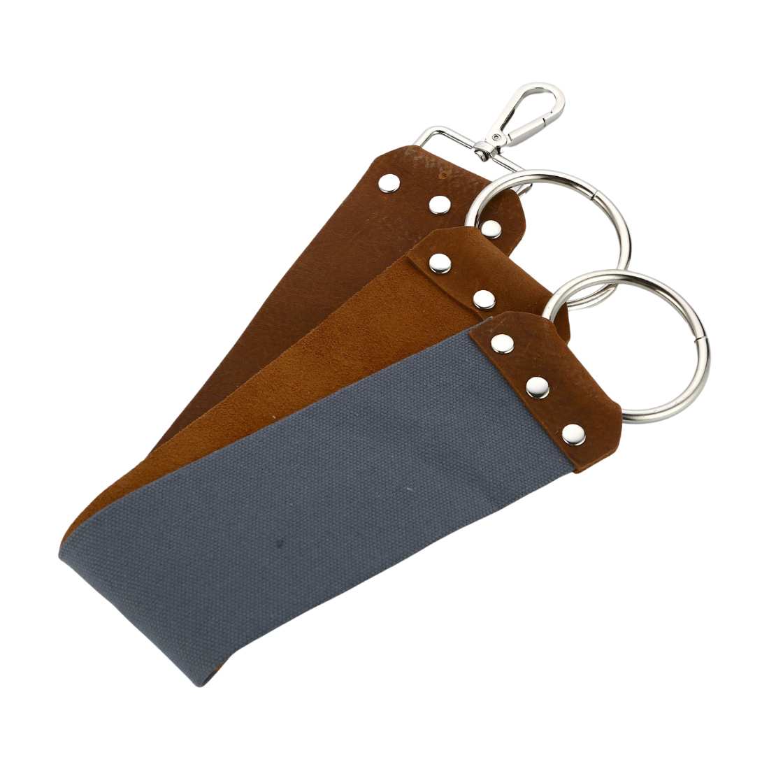 Brown and gray leather razor strop with keyring clip and metal studs