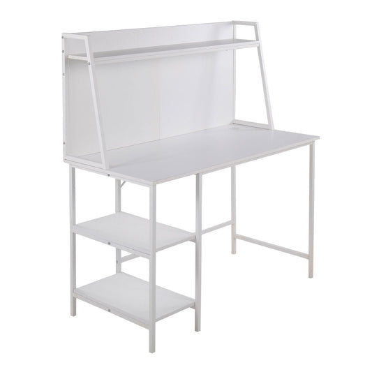 Geo Shelf contemporary desk with built-in shelves, white steel and white wood