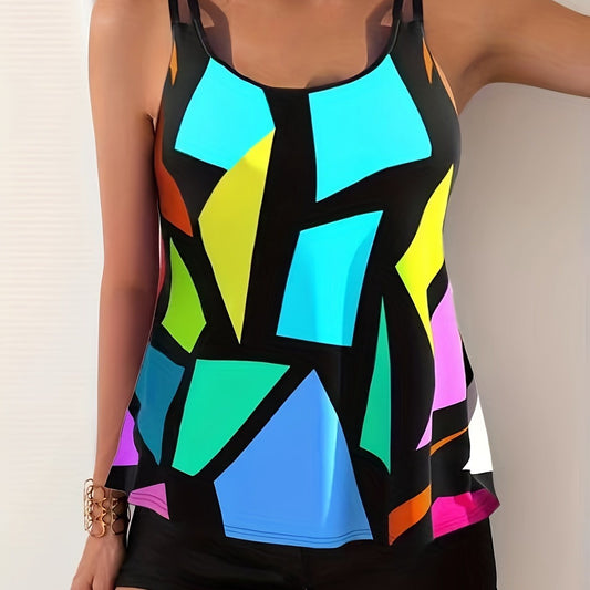 Women's tankini set with geometric print tank top and black boxer shorts