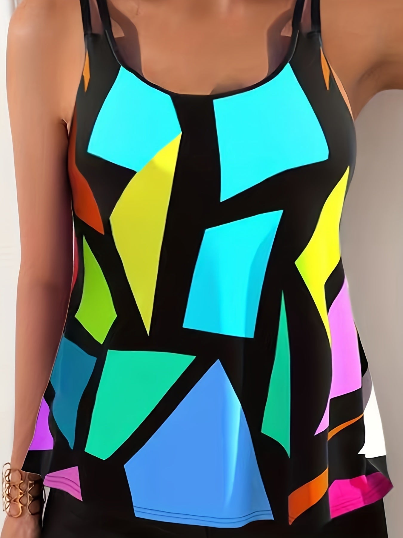 Geometric Pattern Multicolored Tankini Sets, Round Neck Boxer Short Bottom Two Pieces Swimsuit, Women's Swimwear & Clothing - Renee Lane Company