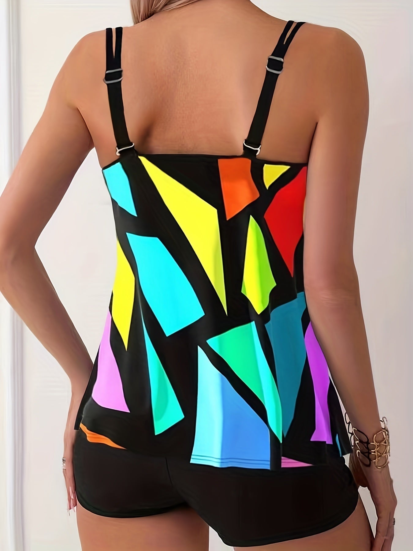 Geometric Pattern Multicolored Tankini Sets, Round Neck Boxer Short Bottom Two Pieces Swimsuit, Women's Swimwear & Clothing - Renee Lane Company