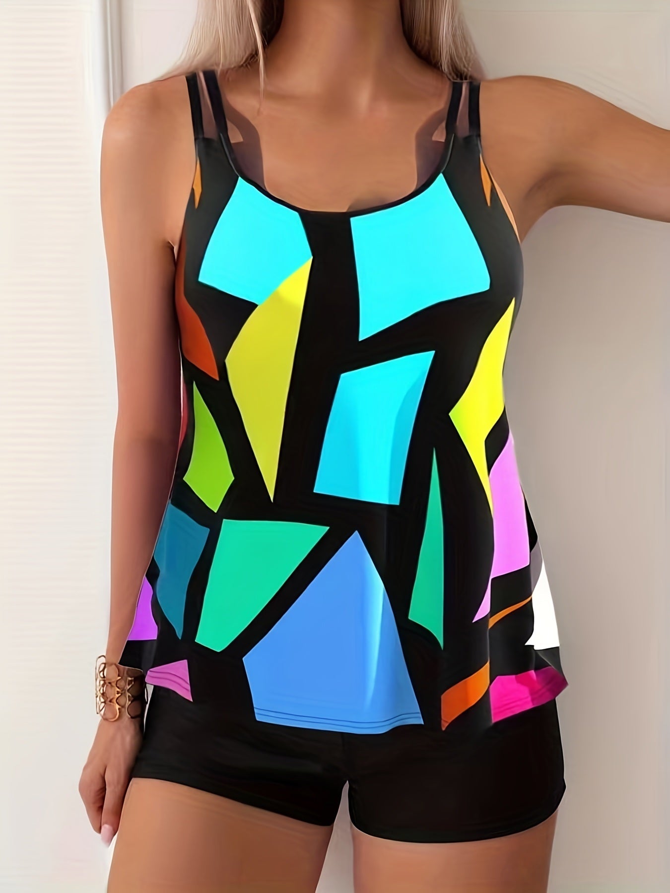 Geometric Pattern Multicolored Tankini Sets, Round Neck Boxer Short Bottom Two Pieces Swimsuit, Women's Swimwear & Clothing - Renee Lane Company