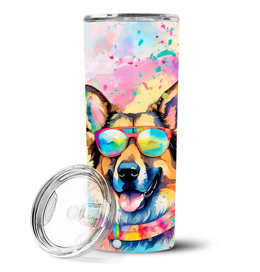 Stainless skinny tumbler with colorful German Shepherd art, clear lid and black straw