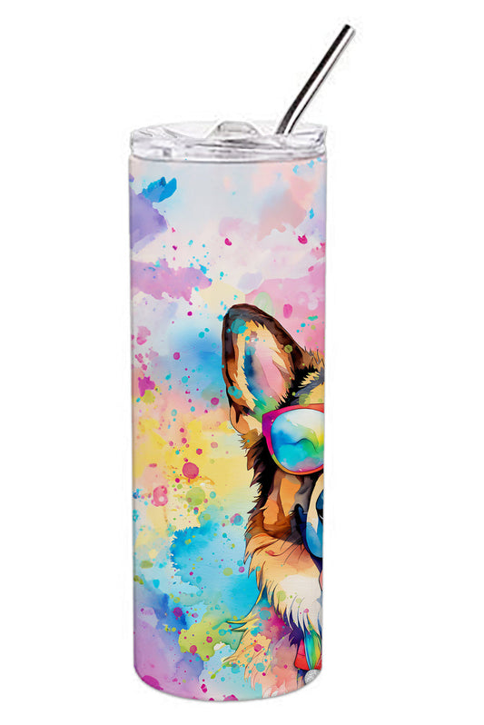 Insulated skinny travel tumbler with rainbow splatter German Shepherd art, black straw