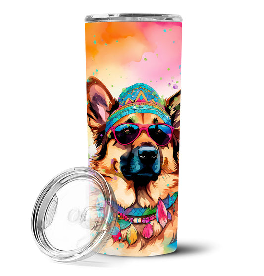 Insulated stainless skinny tumbler with colorful German shepherd print, open lid