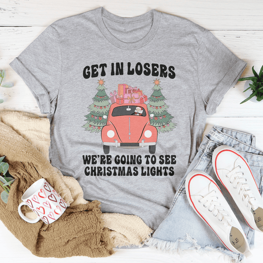 Gray crew-neck T-shirt, front graphic of holiday car with trees and Christmas lights slogan