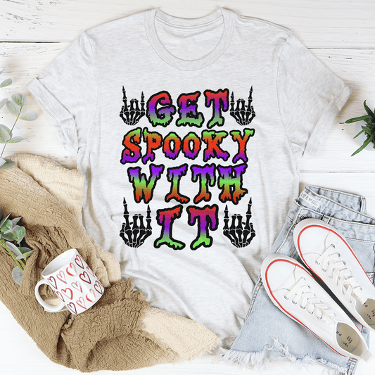Light gray graphic T-shirt with multicolor spooky “GET SPOOKY WITH IT” print