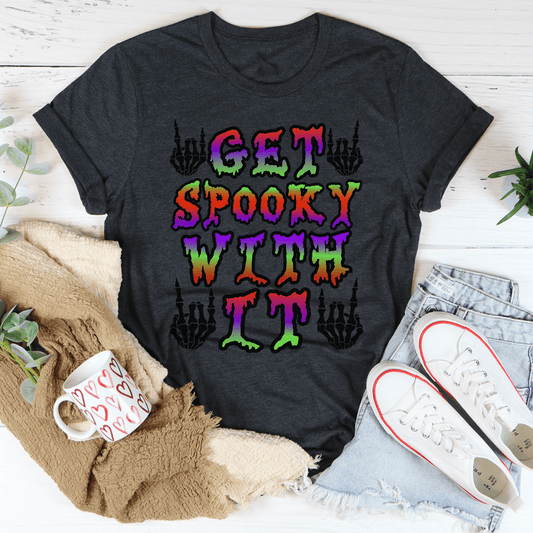 Dark gray graphic T-shirt with multicolor spooky “GET SPOOKY WITH IT” lettering