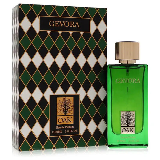 Gevora Oak eau de parfum bottle with gold cap and patterned gift box, 90 mL