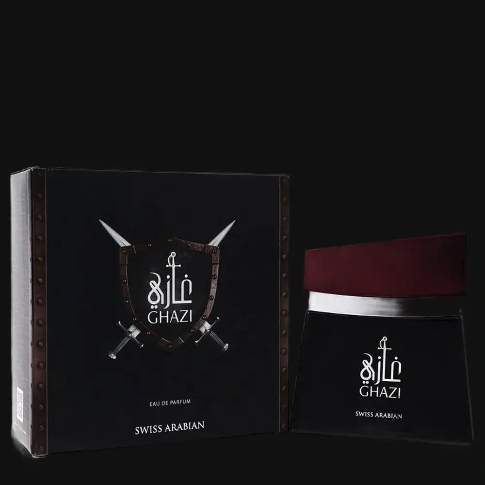Ghazi eau de parfum cologne set: black box and burgundy-topped bottle, SWISS ARABIAN
