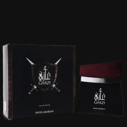 Ghazi eau de parfum cologne set: black box and burgundy-topped bottle, SWISS ARABIAN