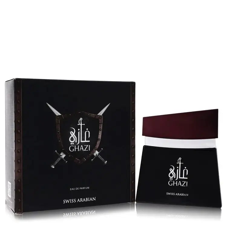 Ghazi eau de parfum bottle with matching black box and burgundy cap, Swiss Arabian