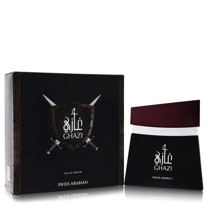 Ghazi eau de parfum bottle with matching black box and burgundy cap, Swiss Arabian