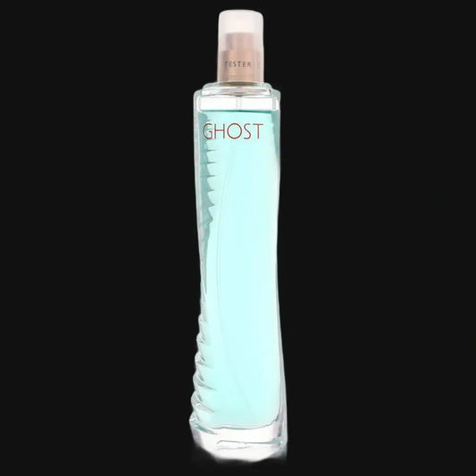 Women's perfume bottle with aqua glass and white cap, Ghost label on front