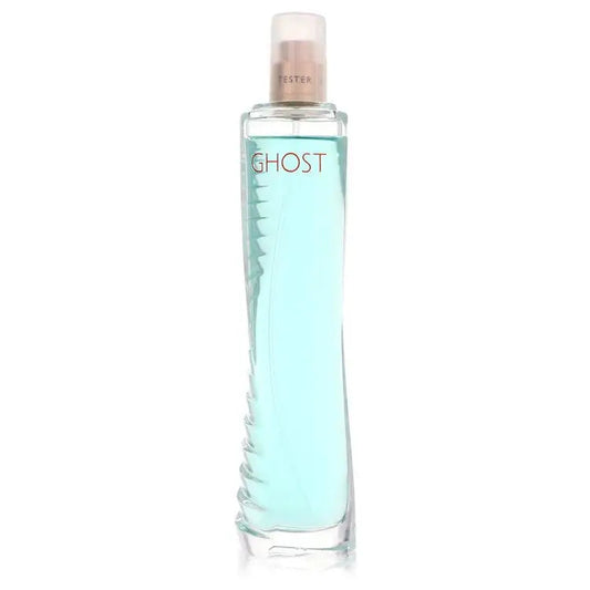 Women's perfume bottle, aqua glass with Ghost label and white spray cap