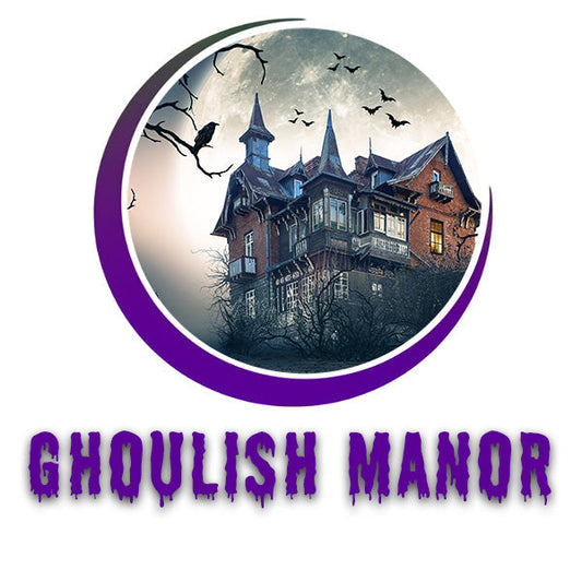 Compressed towel with haunted manor graphic label, bats, and purple border