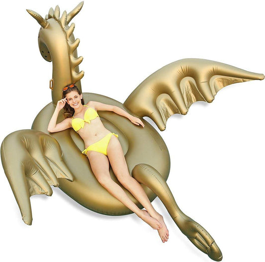 Giant gold dragon inflatable pool float with wings and long tail, horned head
