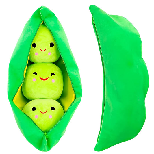 Green plush pea pod pillow, curved half-pod side view