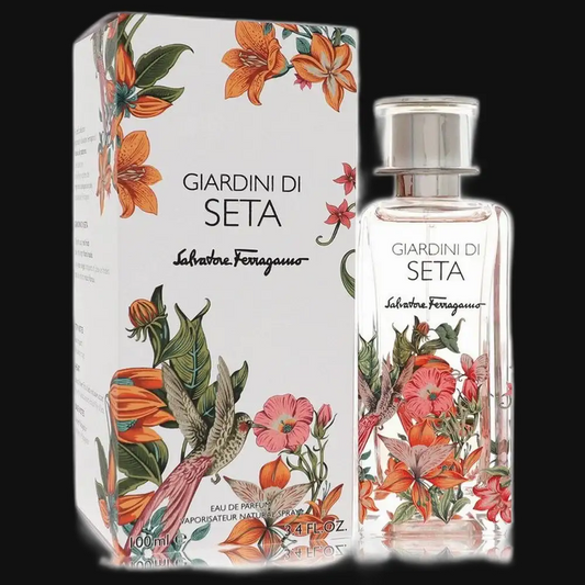 Floral Eau de Parfum bottle with clear glass and silver cap, with matching gift box