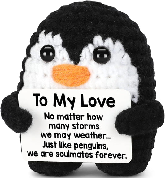 Handmade crochet penguin plush with 'To My Love' message and orange beak