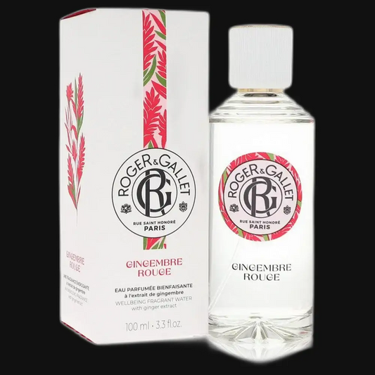 Ginger Rouge perfume bottle with white cap and matching white/red gift box