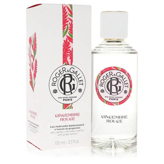 Ginger Rouge perfume bottle and white/red packaging box, front view