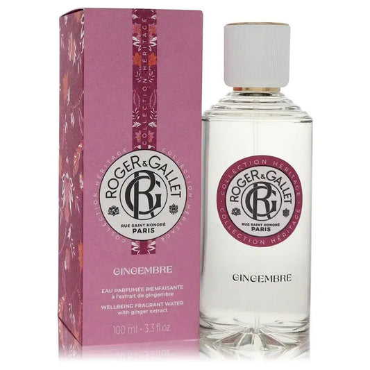 Ginger By Roger & Gallet women's perfume bottle and box, frontal view, clear glass body