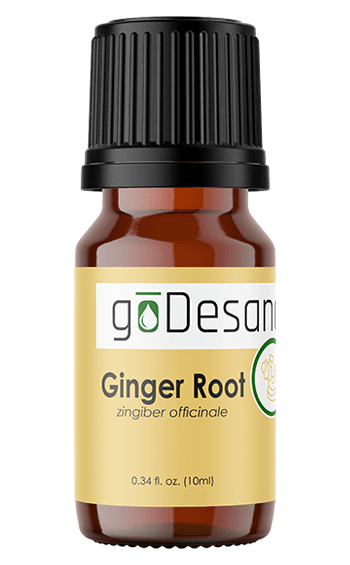 Ginger root essential oil bottle with black cap and amber glass, front label view
