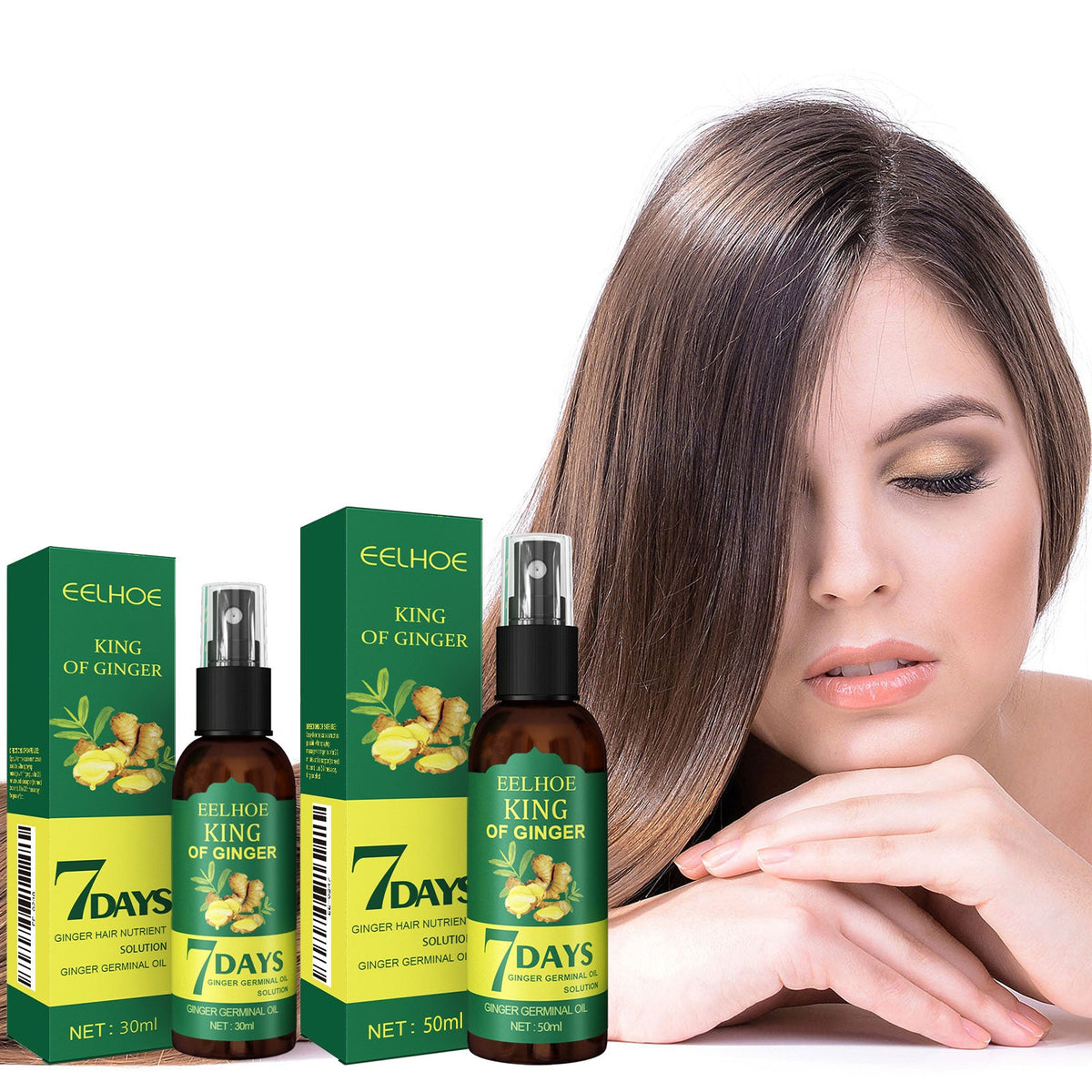 Hair root spray bottle and EELHOE King of Ginger 7 Days cartons near model with long hair
