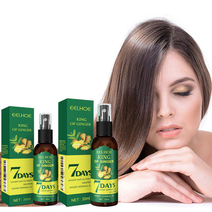 Hair root spray bottle and EELHOE King of Ginger 7 Days cartons near model with long hair
