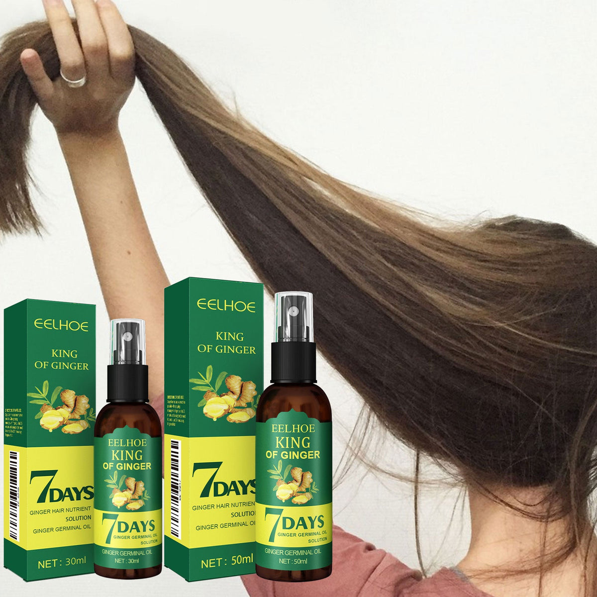 Hair root spray bottle and EELHOE King of Ginger 7 Days cartons with hand lifting hair