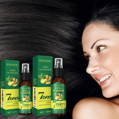 Hair root spray bottle and green EELHOE King of Ginger 7 Days cartons beside smiling woman