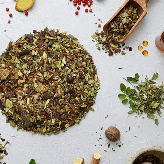 Loose herbal tea leaves blend with green and brown flakes in a pile